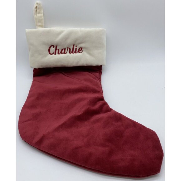 Pottery Barn Charlie Velvet Christmas Holiday Stocking Red Monogrammed 14 Inch - Picture 1 of 11